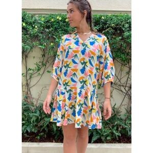 FRESHA Abbott Verano V-Neck 3/4 Puff Sleeve Tiered Mini Dress medium Colorful